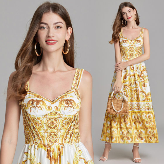 485 Real Shot Summer Women's Vintage Printed Sling Long Dress Slim-fit Tight Waist Dress Back Rubber A- line Dress