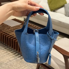 全手工缝制真皮菜篮子mini18cm水桶包牛油果绿鸵鸟皮高版本妈咪袋