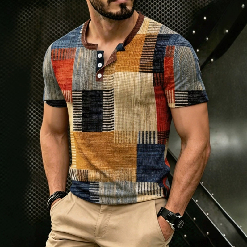 Men's 3D Printed Color Block Outdoor Sports Casual Henley Collar Short-Sleeved T-Shirt Men's 3D Printed Color Block Outdoor Sports Casual Henley Collar Short-Sleeved T-Shirt