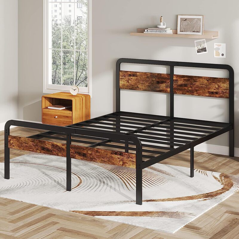 Cross-Border Popular Double Bed Easy to Assemble Modern Home Iron Bed Bedroom Furniture Large Bed Frame with Wooden Headboard Cross-Border Popular Double Bed Easy to Assemble Modern Home Iron Bed Bedroom Furniture Large Bed Frame with Wooden Headboard