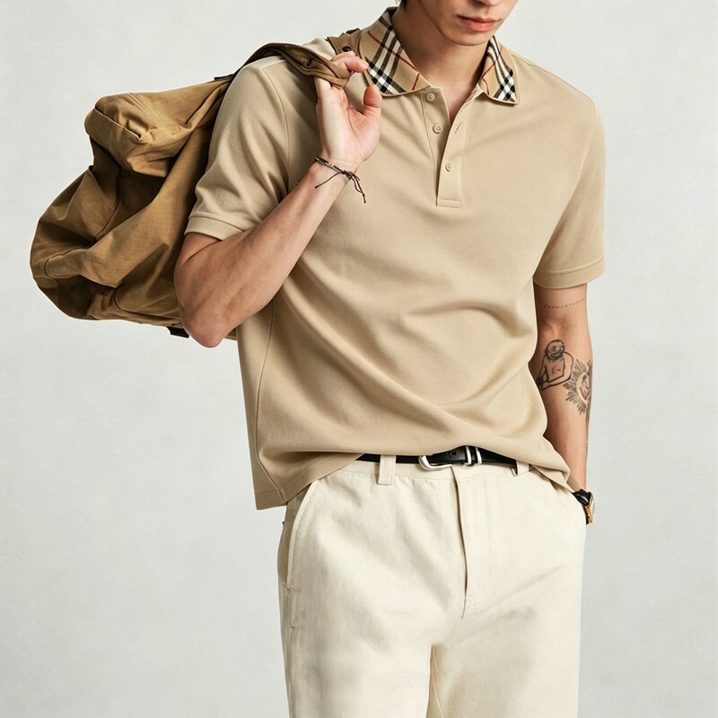 【Source Factory】Vintage Plaid Polo Shirt for Men, Fashionable Color-Block Turn-Down Collar Top, Breathable Trendy Short-Sleeve Men's Shirt