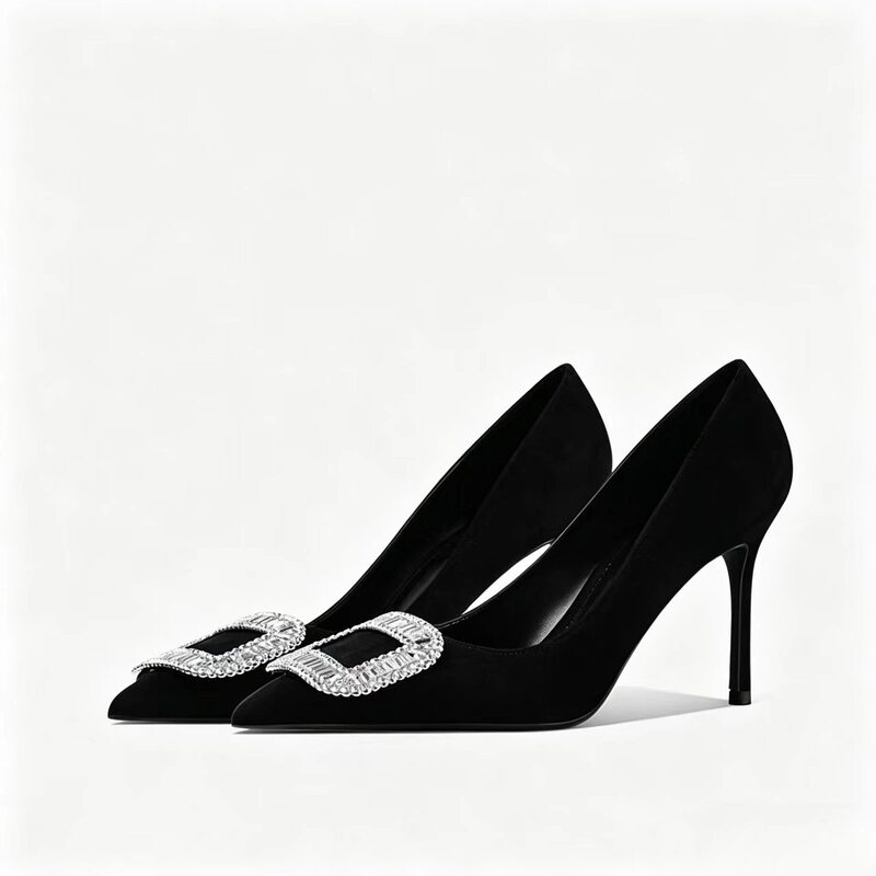 2026 Autumn/Winter New Black Stiletto Heels with Rhinestone Square Buckle, Lightweight and Comfortable, Pointed Toe Pumps for Women 2026 Autumn/Winter New Black Stiletto Heels with Rhinestone Square Buckle, Lightweight and Comfortable, Pointed Toe Pumps for Women