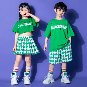 Green plaid girls boys rapper hiphop street jazz dance costumes cheerleading chorus outfits girls boys street dance suit  jazz dance outfits for children