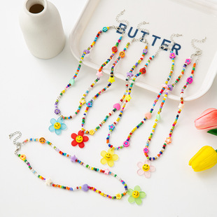 2023 new children's beaded necklace cute cartoon flower necklace candy color love beaded girls' jewelry