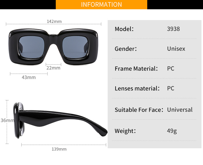Unisex Gender Fashion Style Fashion Solid Color PC UV400 Protection Square Full Frame Women's Sunglasses