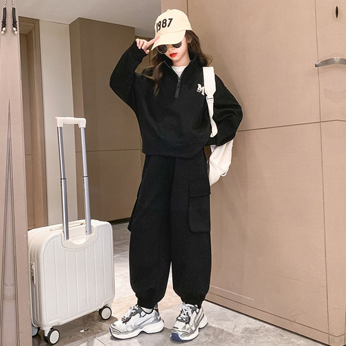 Girls overalls suit spring 2024 new style girls casual cotton sweatshirt loose children's two-piece set