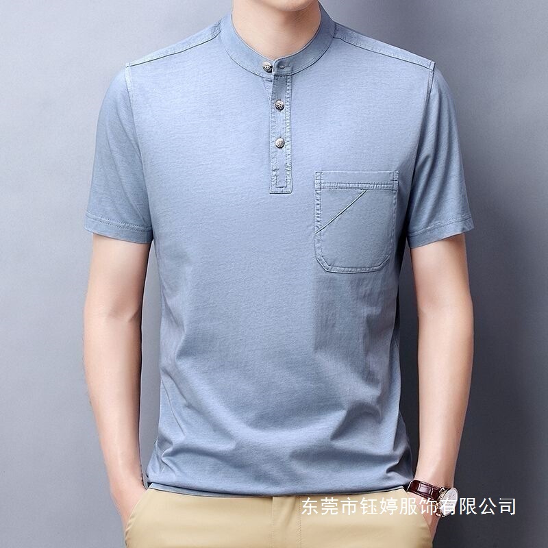 Summer Short-Sleeve Men's T-Shirt with Henry Collar, Real Pockets, Washed Vintage Casual Solid Color for Middle-Aged and Elderly Men Wholesale Summer Short-Sleeve Men's T-Shirt with Henry Collar, Real Pockets, Washed Vintage Casual Solid Color for Middle-Aged and Elderly Men Wholesale