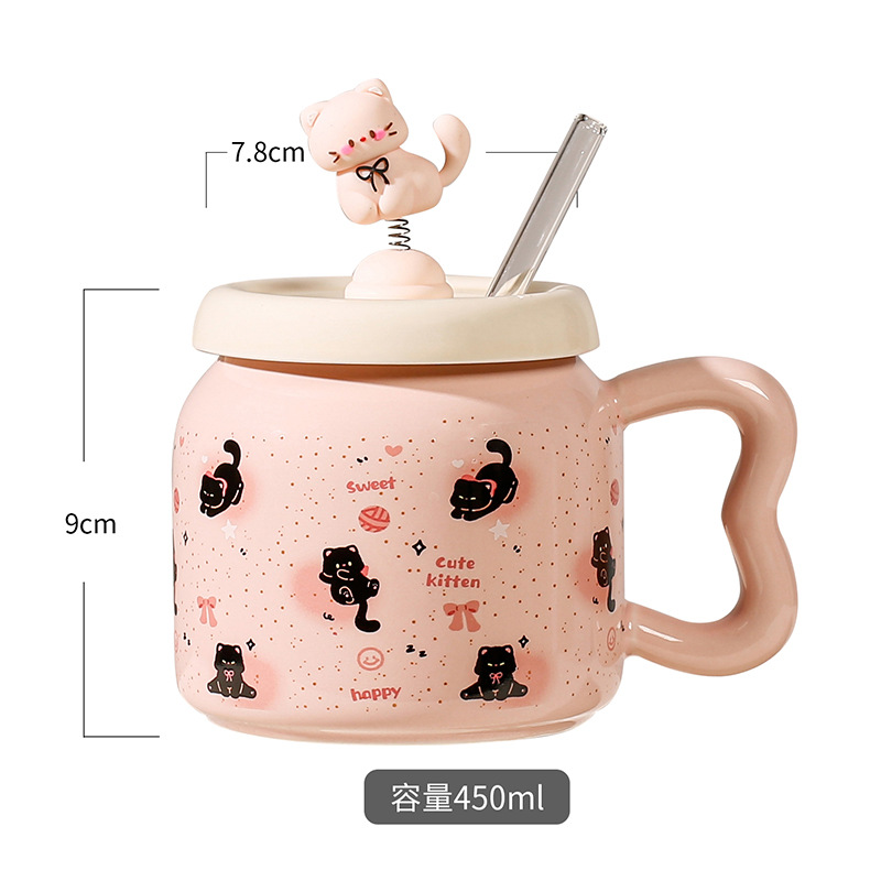 Taza de Cerámica con Pajita, Estilo Gato Negro, Linda y Suave, con Tapa, Para Oficina, Hogar y Parejas