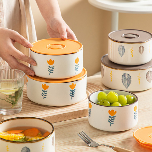 Three-piece set of ceramic fresh-keeping bowls, microwaveable and refrigerated, sealed with lid, household ceramic lunch box, fruit lunch box