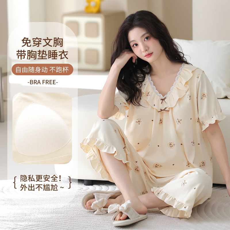 Pure Cotton Women's Summer Pajamas, Thin Short-Sleeve Top with Chest Pads, Sweet and Cute Princess Style Home Wear Set, Suitable for Outerwear Pure Cotton Women's Summer Pajamas, Thin Short-Sleeve Top with Chest Pads, Sweet and Cute Princess Style Home Wear Set, Suitable for Outerwear