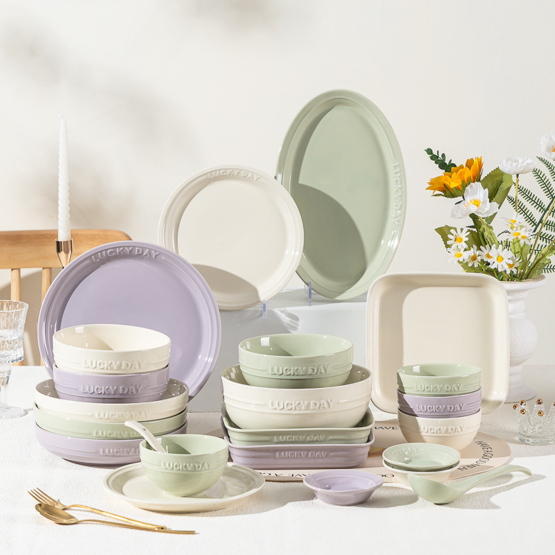 Casual Cream Style Household Ceramic Tableware Household Rice Bowl Dish Plate High-Value Noodle Soup Bowl Porcelain Set