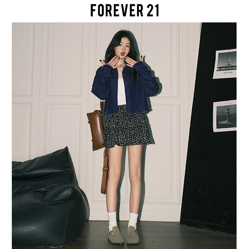 Forever21韩系甜美碎花A字半身裙女黑色高腰蛋糕裙早春雪纺短裙子|undefined