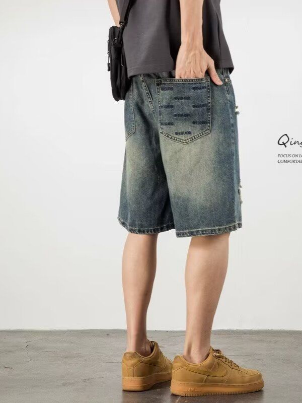 アメリカ破洞デニムショートパンツ男性2025夏の新型高街潮牌レトロゆるいカジュアルパンツ男性ファッション