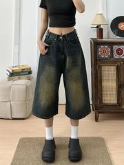 アメリカンレトロハイストリートクロップドジーンズレディース夏ウォッシュストレートハイウエストルーズスリムワイドレッグミッドパンツトレンディ