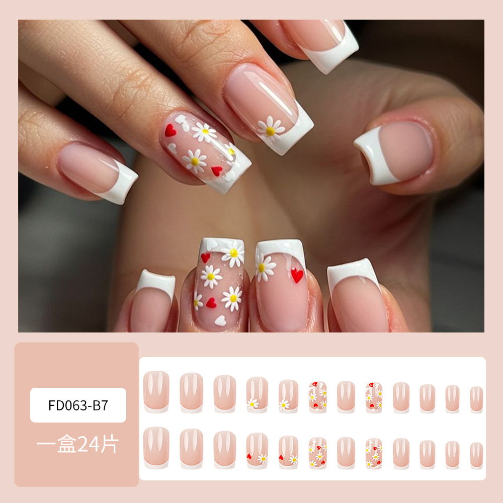 Uñas postizas 3D estilo francés con diseño de margarita, puntas de uñas color nude rosa estilo INS, 24 piezas de uñas postizas al por mayor. image 3