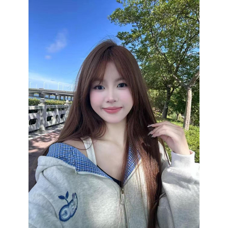 美式复古格子拼接字母刺绣开衫连帽卫衣男女2025新款潮牌情侣外套|undefined