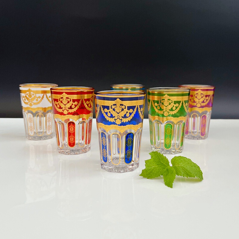 现货花底6件套摩洛哥茶杯彩色金色图案玻璃杯阿拉伯餐厅茶杯180ml|undefined