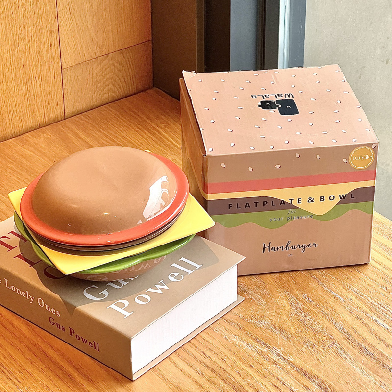 かわいい高颜値ハンバーガーボウルと皿セットクリエイティブデザート皿サラダボウルセラミック食器きれいな皿|undefined