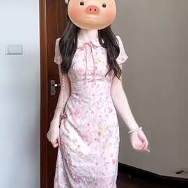 新中式国风碎花连衣裙女夏季大码胖气质收腰显瘦设计感旗袍长裙