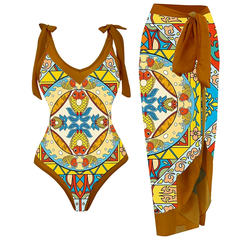 Swimwear с принтом мультфильмов и пляжной шифоновой длинной юбкой, купальник европейского стиля с высокой талией