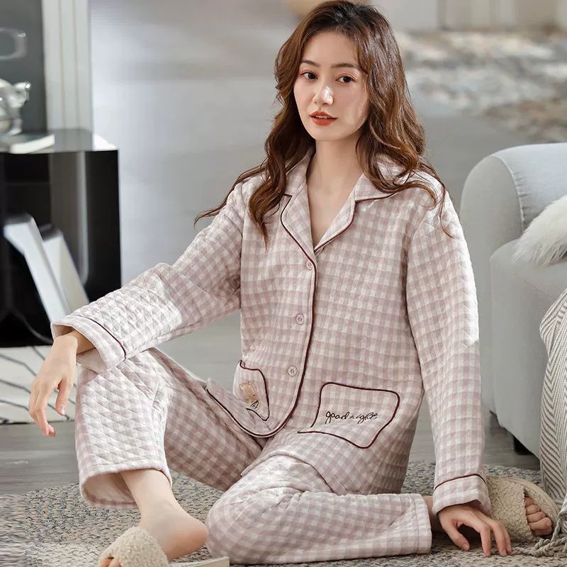 Otoño e invierno sándwich pijamas 100% algodón de las mujeres engrosada delgada acolchada extra grande aire de algodón ropa para el hogar de mediana edad y ancianos