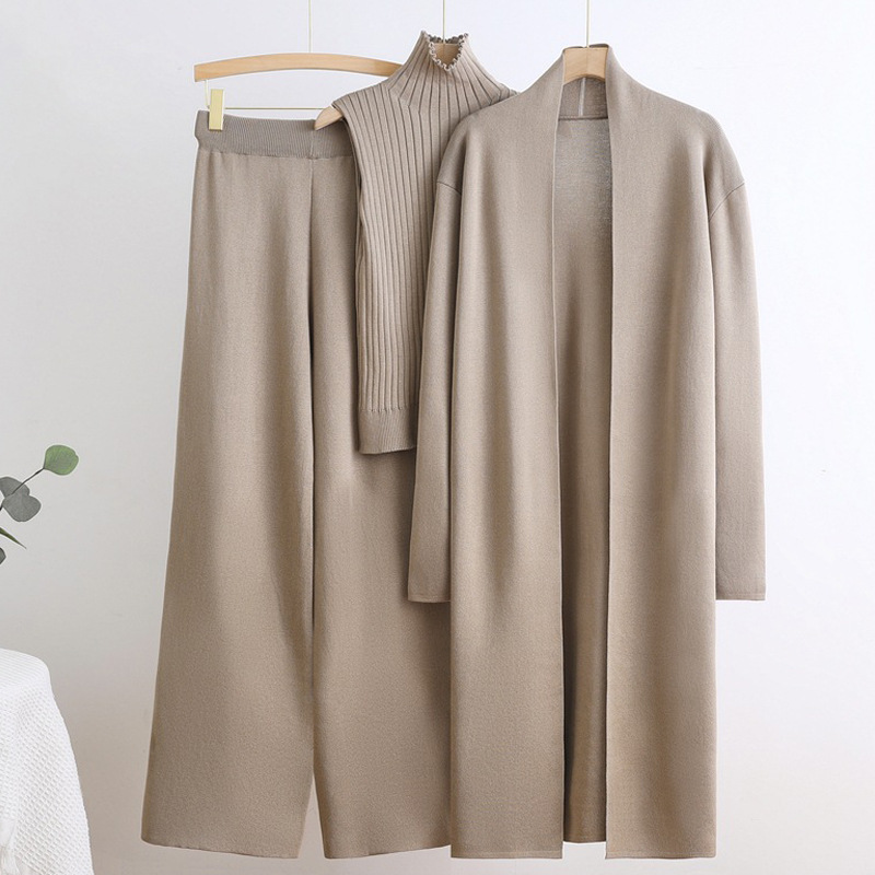 2025 Cross-Border European and American Long Windbreaker High Collar Inner Vest Sweater Elastic Waist Wide Leg Pants Knitted Three-Piece Suit