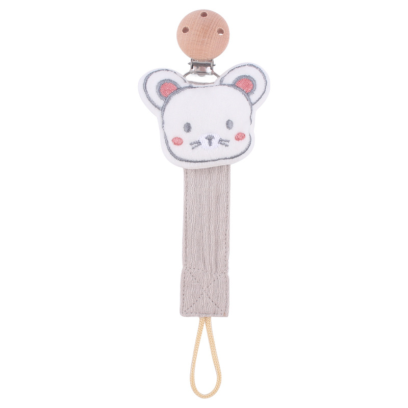 Nuevos suministros de bebé clip de chupete de haya animal de dibujos animados conejo León algodón lino con pezón cuerda chupete cadena