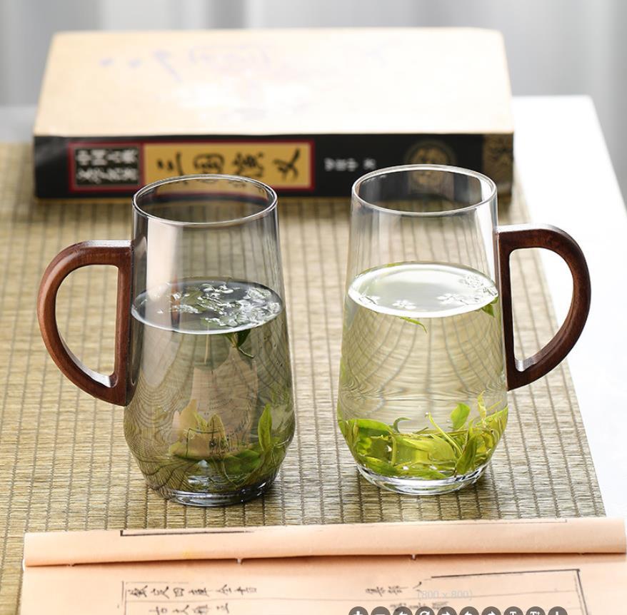 新款烟灰绿茶杯高硼硅玻璃猴魁杯大容量胡桃木办公泡茶杯咖啡杯