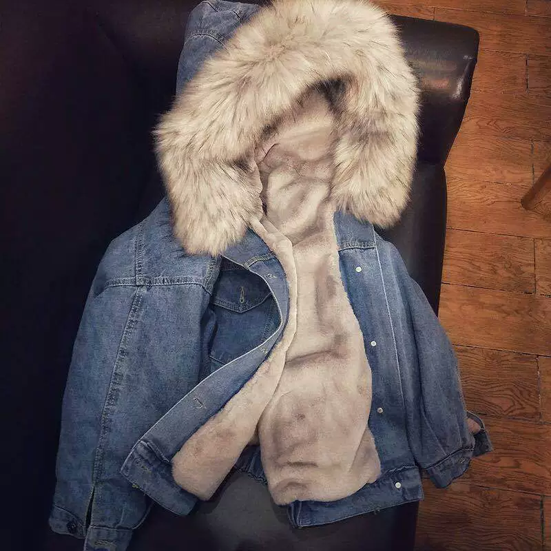 Короткий флисовый джинсовый пуховик с капюшоном, корейский стиль, повышенная плотность