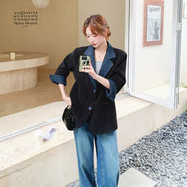 2026年春季新款简约时尚显瘦提升品质雪尼尔拼接牛仔西装外套潮