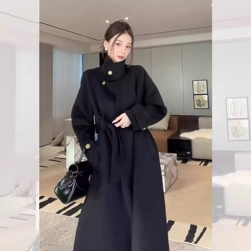 2026 New Fashionable Black Wool Coat for Women, Hepburn Style, Bound, High-End Autumn and Winter Thick Wool Coat