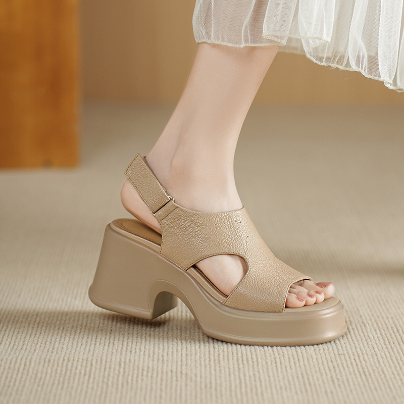 Sandal nữ đế dày gót vuông quai ngang khóa một dây phong cách La Mã — đen