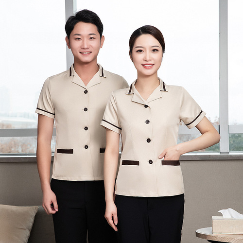 Summer Unisex Collared Short-Sleeve Cleaning Workwear for Hotels and Property, V-Neck Breathable Auntie Cleaning Uniform
