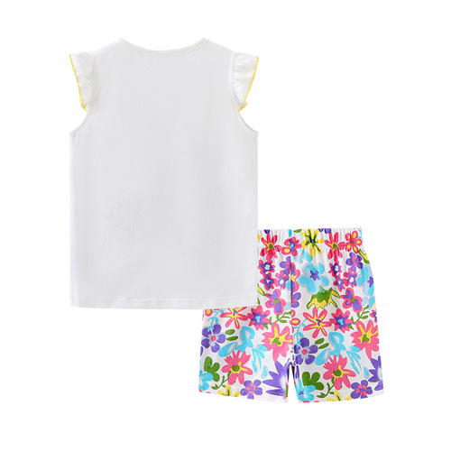 Summer Girl Set Western Fashion Cute Print Children Short Sleeve Knit Cotton Crew Neck T-shirt Set