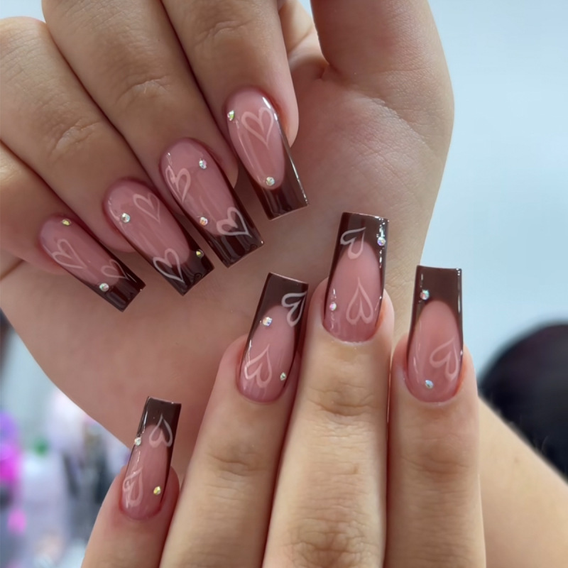 Cross-border Finished Wear Armor Medium Rectangular Love Diamond French Edge Nail Patch Removable Fake Nail