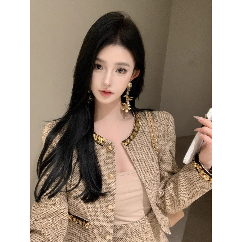 法式法式小香风套装粗花呢亮片长袖短外套女秋冬穿搭包臀半身裙两|undefined