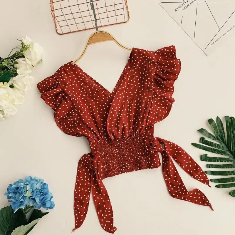 2024 chiffon top women's Korean-style sweet polka dot V-neck flying sleeve French Romantic small shirt lace-up short top
