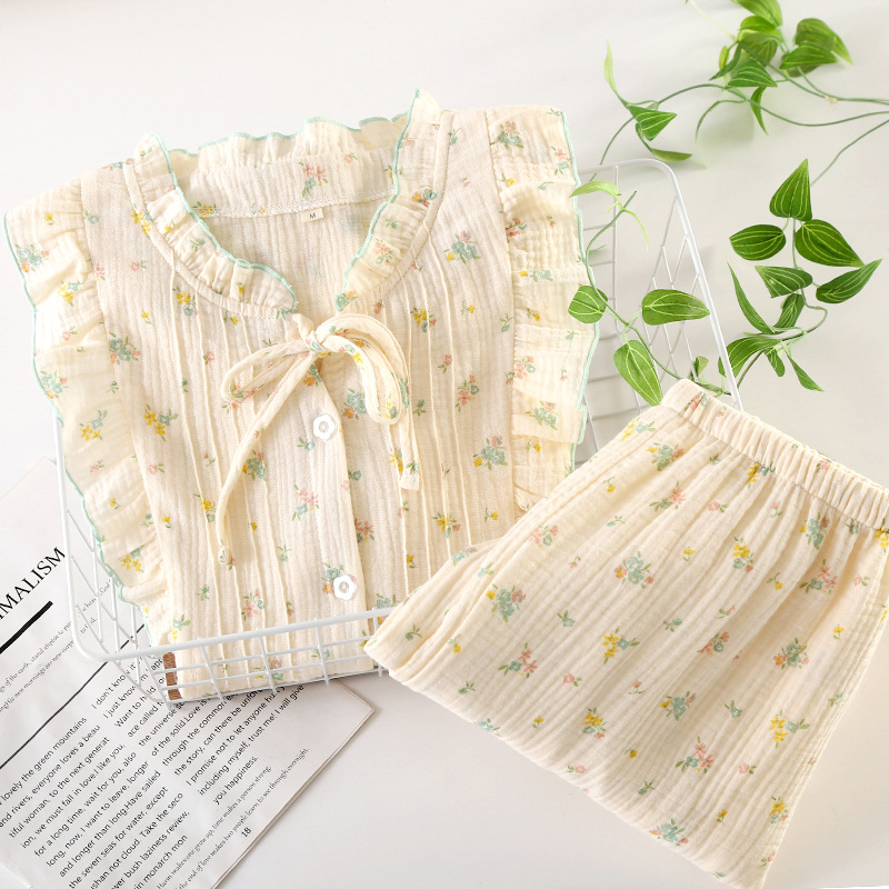 春秋女睡衣小碎花簡約休閑日系全棉绉紗泡泡紗甜美寬松家居服套裝