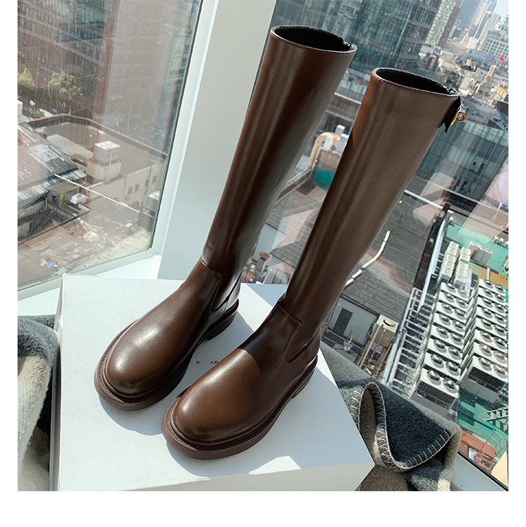 Grape Mom's Same Style British-Style High Boots, Autumn Fleece-Lined Large Size Women's Boots 41-43, Plus-Size Wide Long Boots
