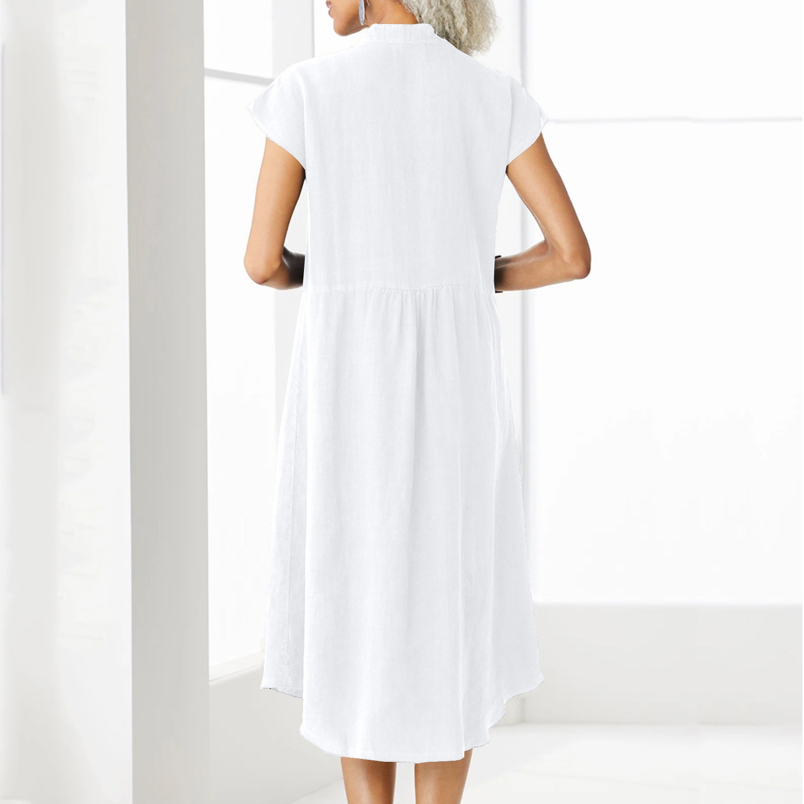 Regular Dress Dresses Type Raglan Sleeve Sleeve Type Cotton and Linen Fabric Type Wholesale Women'S Vintage Style Pocket Patchwork Solid Color Holiday Daily Standing Collar Short Sleeve Regular Dress