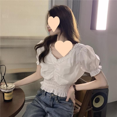 2025 Summer French Collar Puffed Sleeve Women's Design-Focused Waist Cinching Slimming Lotus Edge Short-Sleeve Top