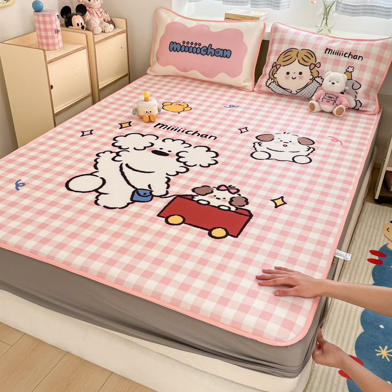 Sombrilla de cama de seda de hielo de verano, cubierta protectora de colchón para niños todo incluido, dormitorio, cubierta de cama individual, juego de tres piezas