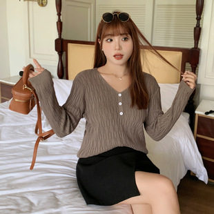 Plus size women's V-neck elegant retro slimming knitted bottoming shirt 2023 autumn and winter New Style fat sister sweater 0455