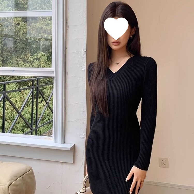 包臀裙秋冬款多巴胺穿搭气质V领打底针织连衣裙女内搭修身毛衣潮|undefined