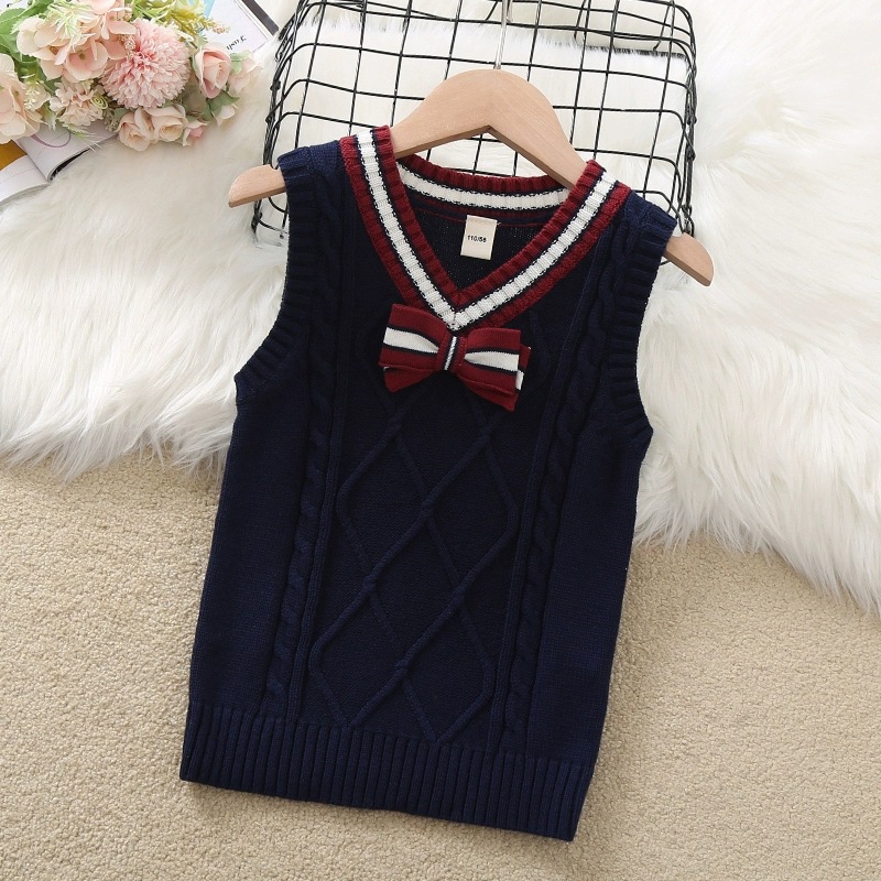 Girls' Vest Knitted Sweater, New Spring and Autumn Style, College Style, Outerwear, Stylish, Children's Innerwear, V-neck Sweater
