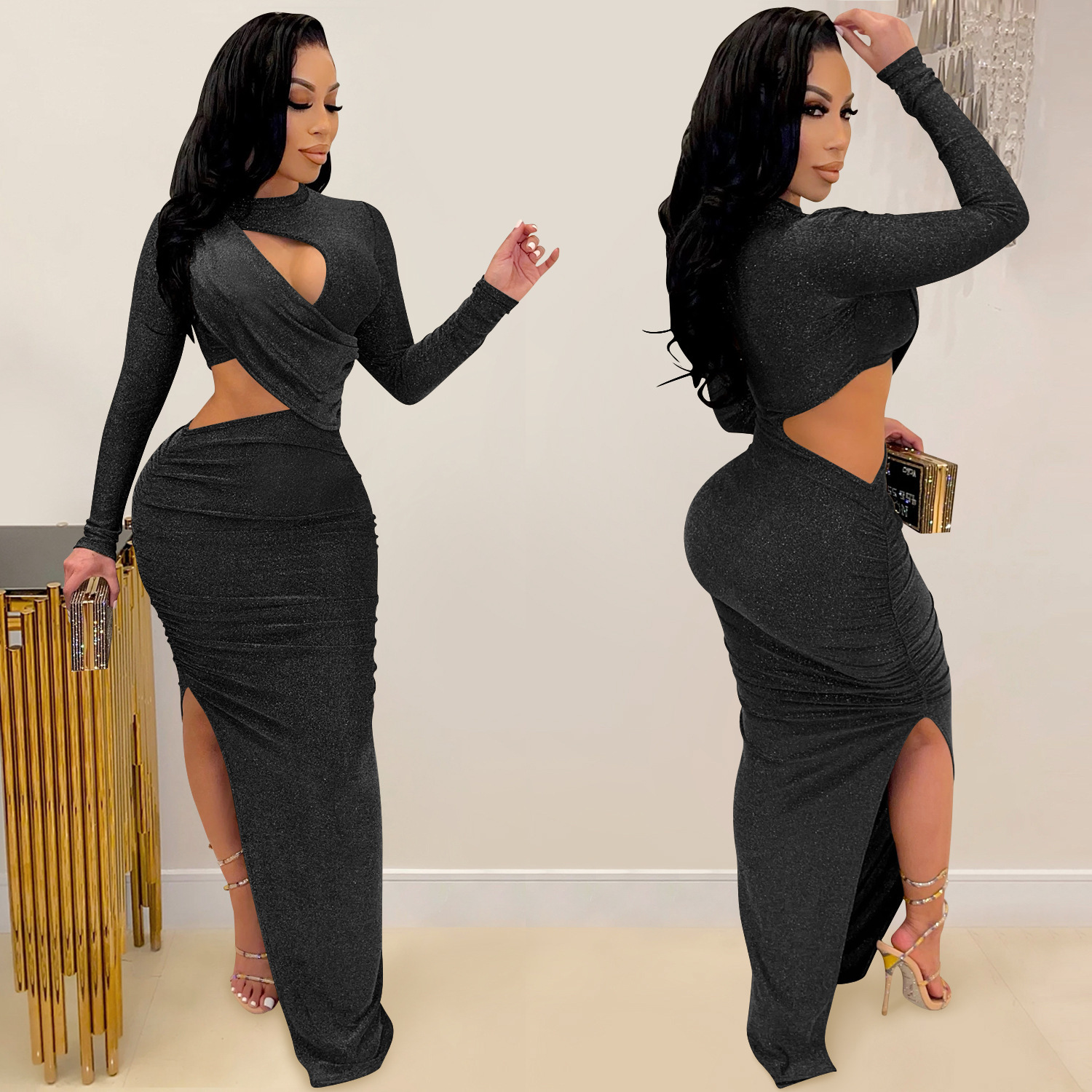 C5550 verano nuevo estilo europeo y americano Amazon moda transfronteriza manga larga sexy hueco vestido de mujer image 3