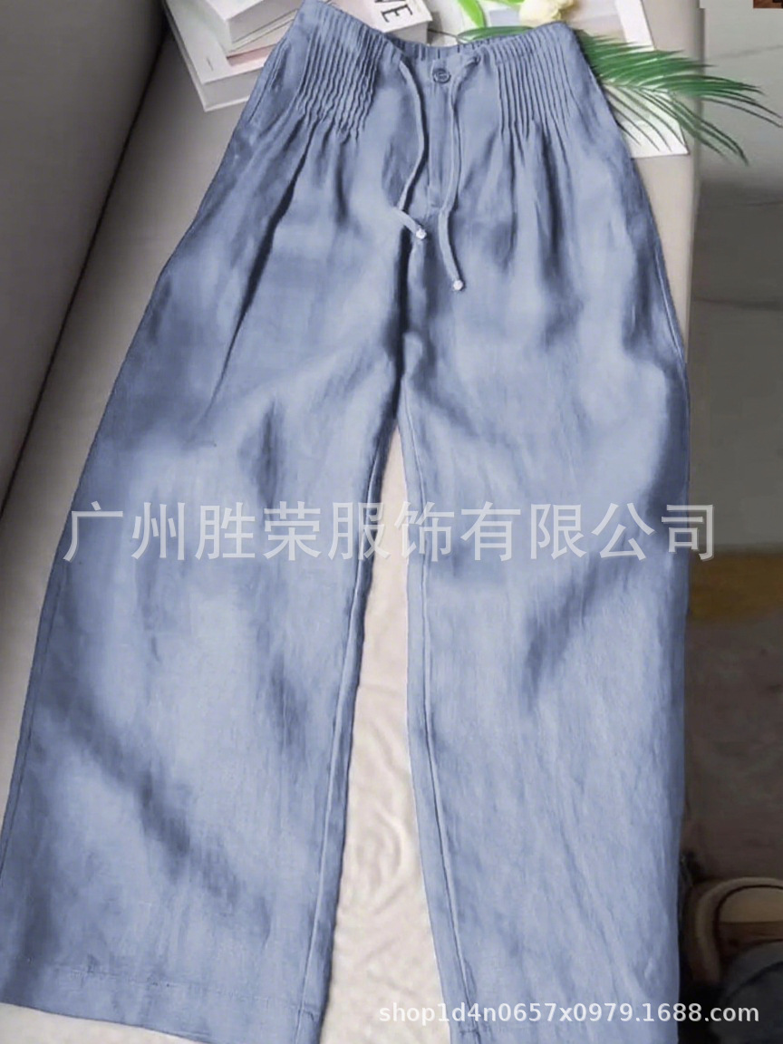 现货新款跨境外贸欧美女装时尚气质休闲纯色百搭抽绳纽扣直筒长裤