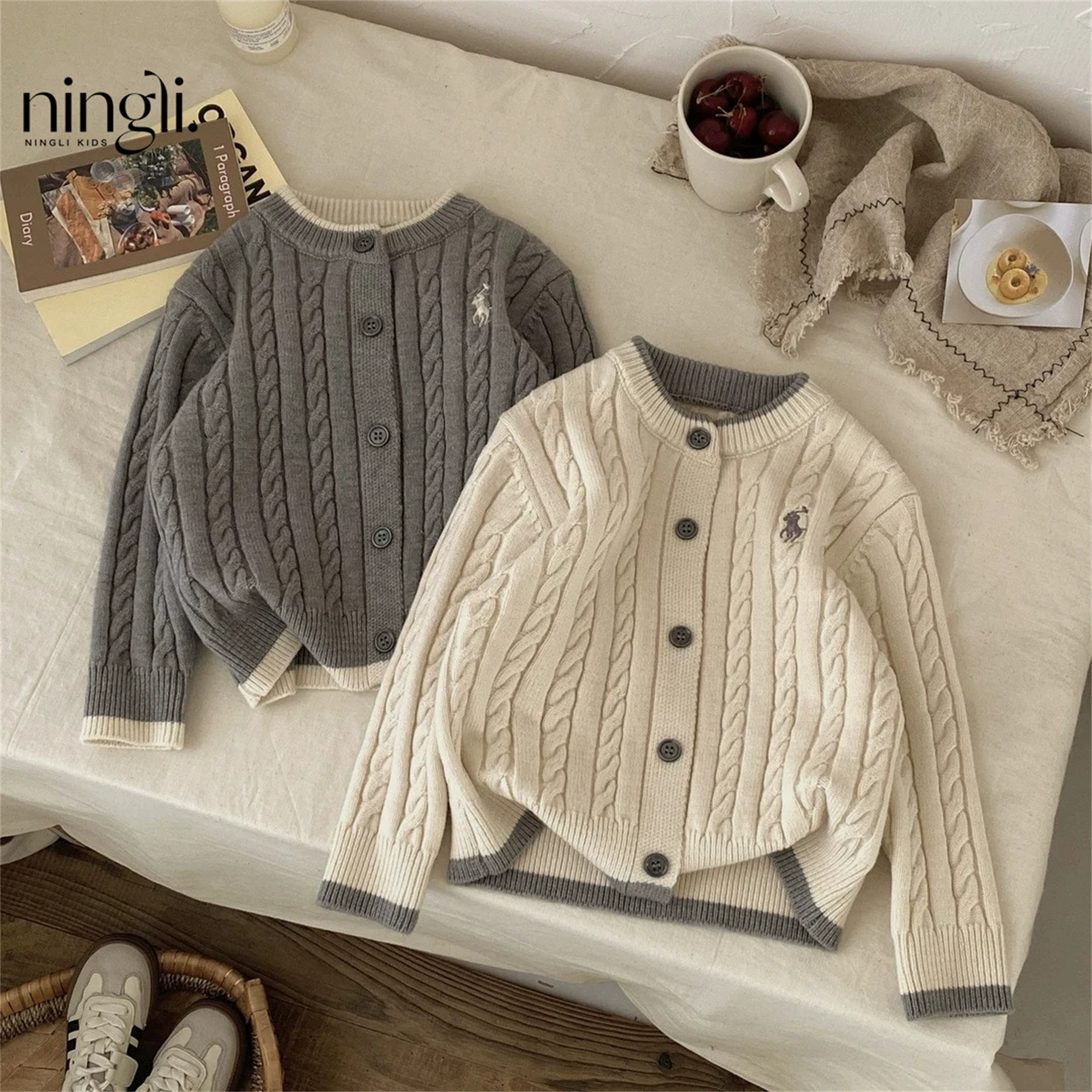 柠里儿童毛衣春秋男女童潮牌刺绣麻花针织衫宝宝拼色洋气毛线外套