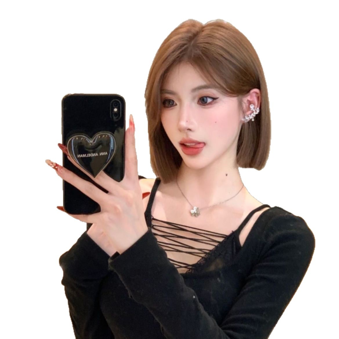 Koni Influencer kort paryk i koreansk stil til kvinder - ansigtsslankende, aldersreducerende, midterste del, lysebrunt hør, glat kort hår