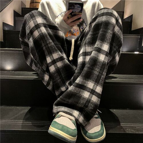 Spring and Autumn Brand Loose Wide-Leg Straight-Tube Pants with Drape, High-End, Versatile, Gritty-Hardcore Men's Woolen Plaid Casual Pants